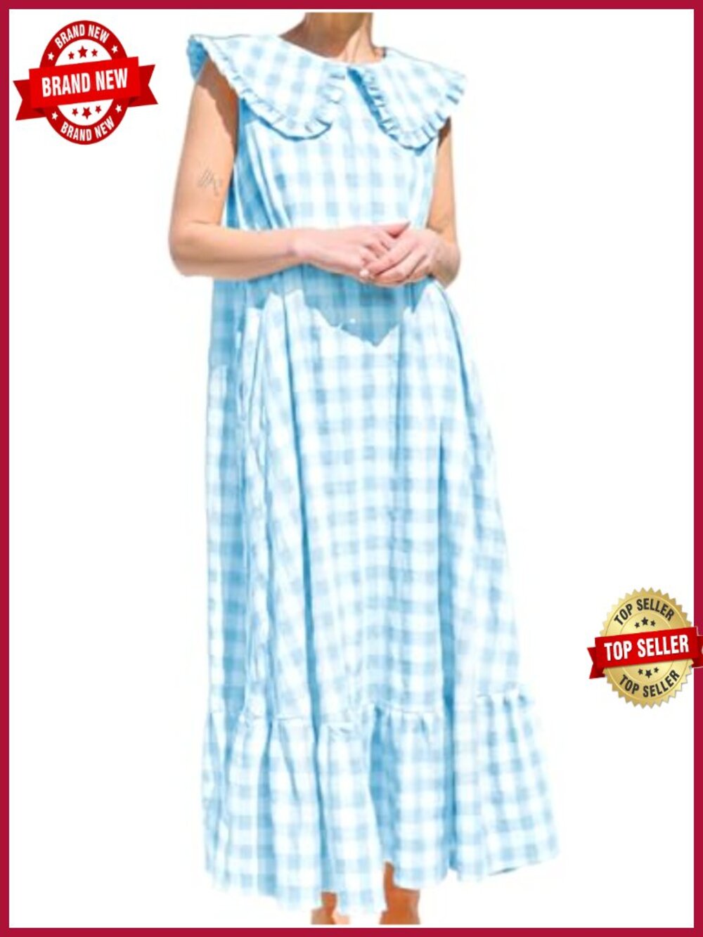 Sleeveless Plaid Maxi Dress Ruffle Flowy A-Line Gingham Sundress Pockets
